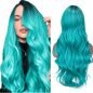 Long Wavy Side Part Wig Ombre Bluish Green Color Heat Resistant
