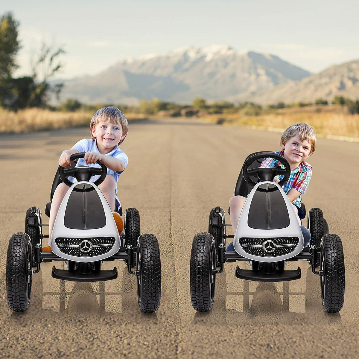 LUCKYERMORE Kids Pedal Go Kart Benz Racer Quad with Adjustable Seat for Outdoor Fun