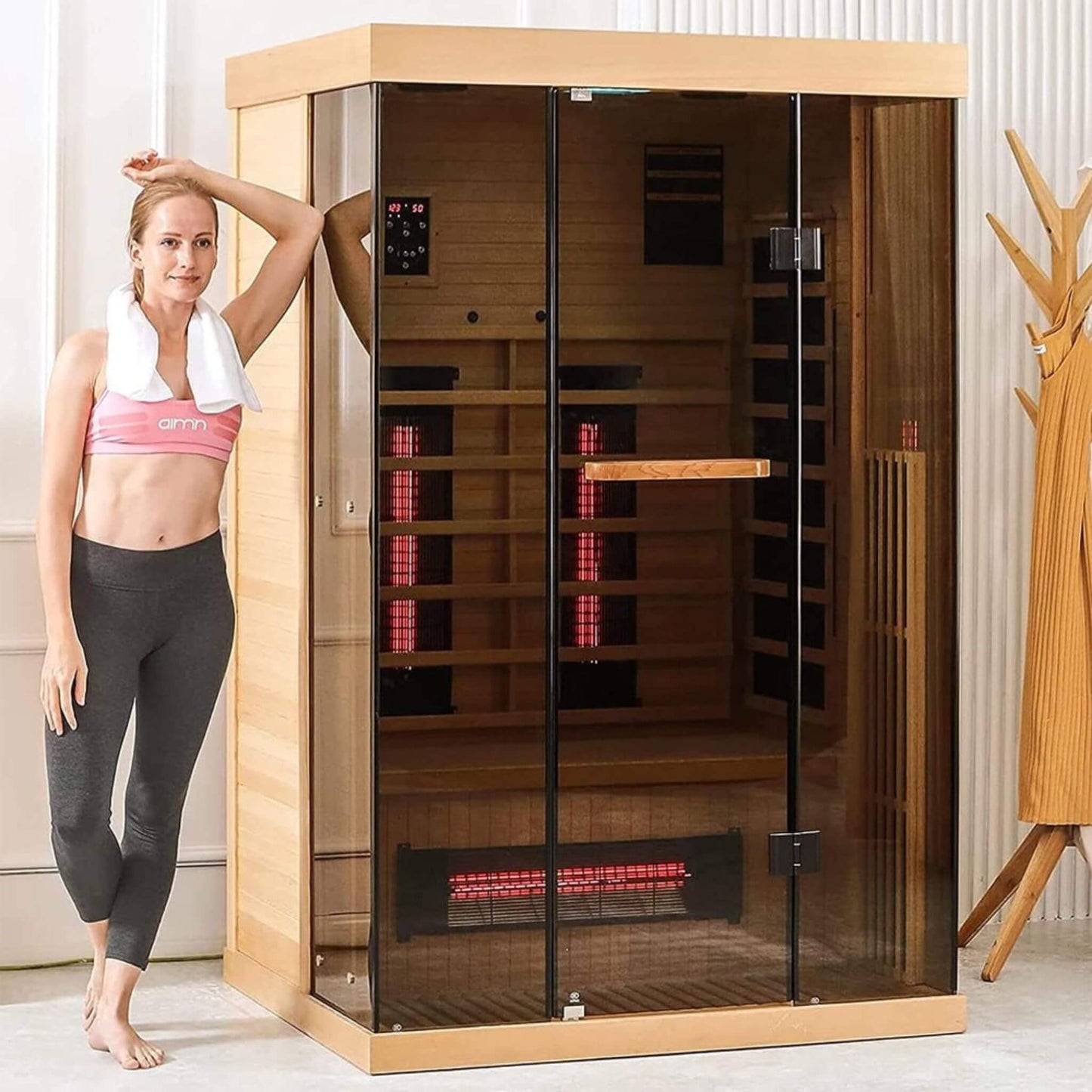 Thermora Valen Luxury 2000W 2-Person Low EMF FAR Infrared Heat Wood Home Personal Spa Sauna W/ Panoramic Tempered Glass (SAK27481)