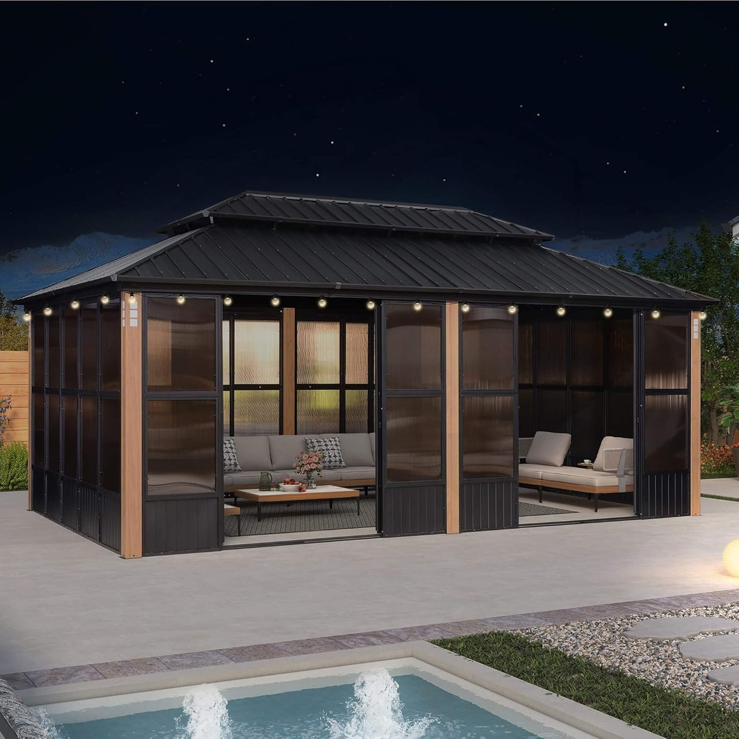 Alora Oasis Luxury Heavy-Duty Hardtop Sunroom With Aluminum Frame And LED Lights (SAK79102)