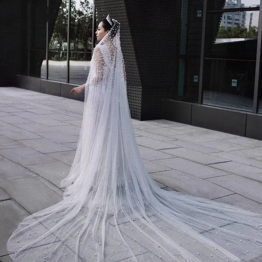 Luxury Heavy Industry Bridal Pearl Veil with Tiara