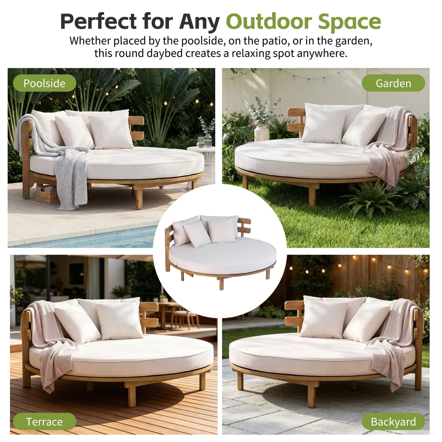 Alora Luxury Outdoor Acacia Wood Round Daybed With Cushions And Pillows (SAK40613)