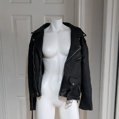 Edgy Black Leather Jacket with Silver Accents Medium