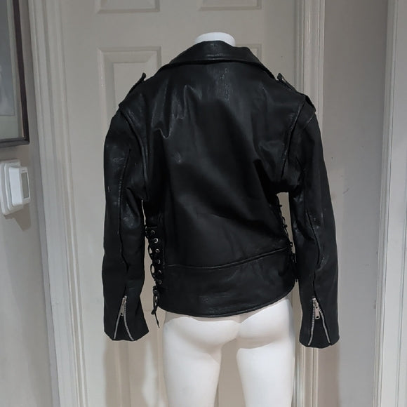 Edgy Black Leather Jacket with Silver Accents Medium