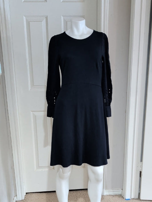 LOFT Dark Blue Long-Sleeve A-Line Dress with Eyelet Cut-Out Sleeve Detail Size 6