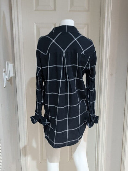 Athleta Navy Blue Windowpane Button-Down Tunic Blouse Women's Large