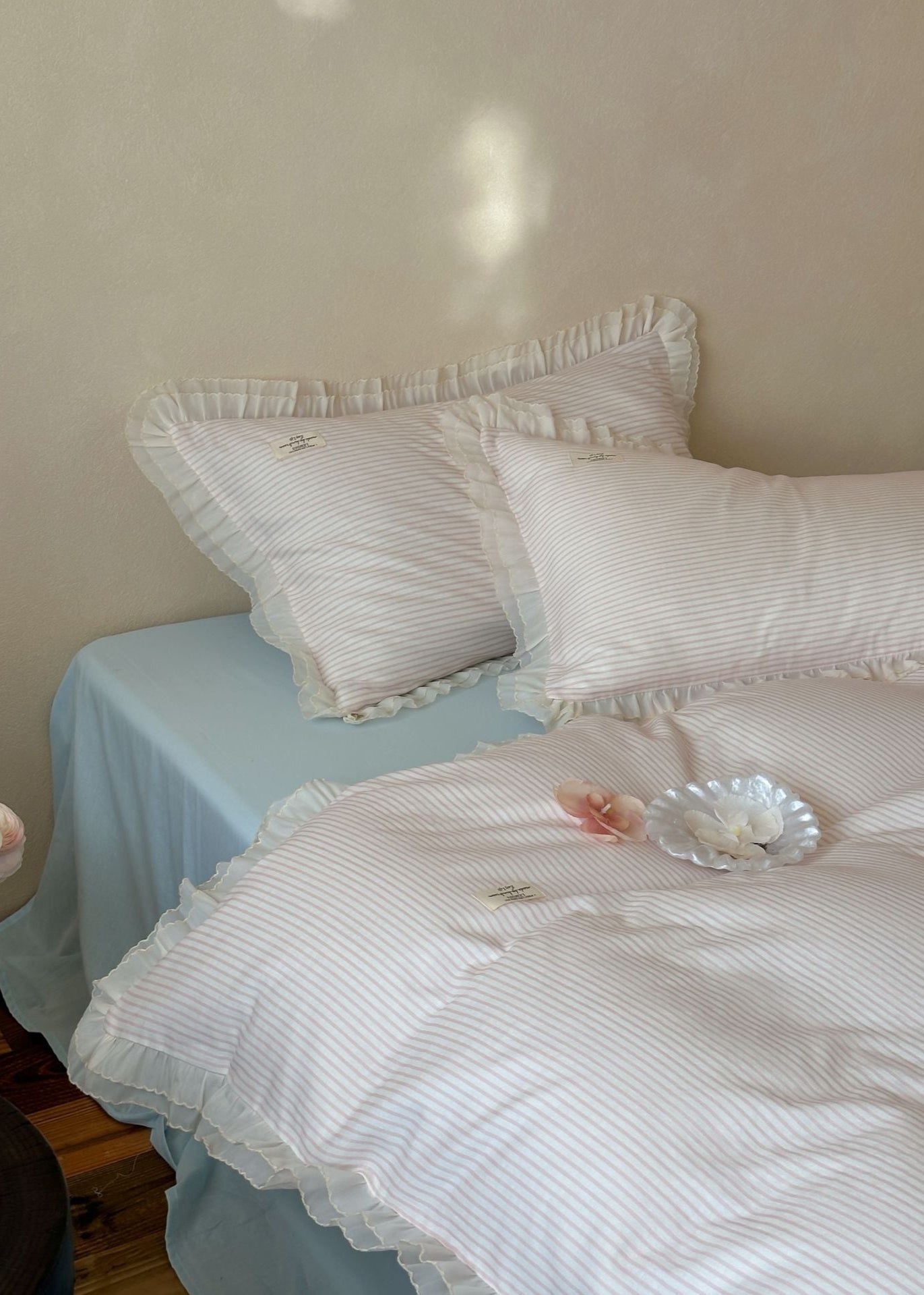 Mabel Lace Double Gauze Striped Bedding Set / Pink