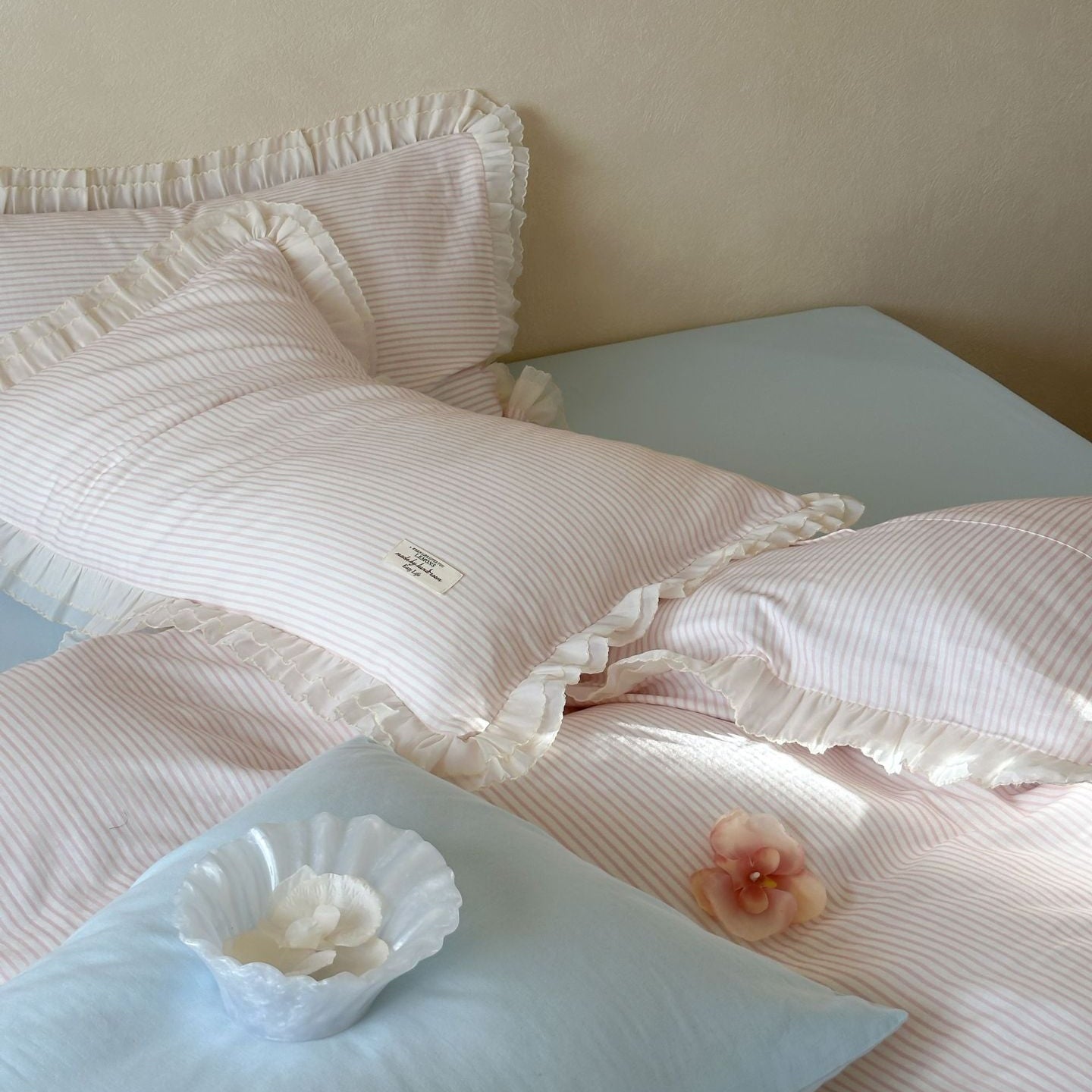 Mabel Lace Double Gauze Striped Bedding Set / Pink