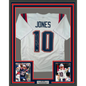 Framed Autographed/Signed Mac Jones 35x39 New England White Football Jersey Beckett BAS COA