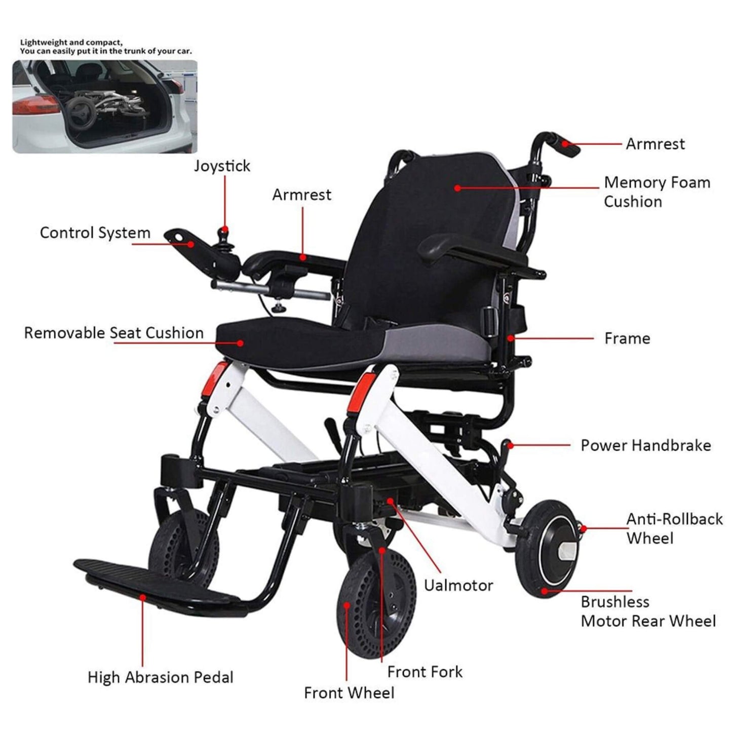 Maidesite 17.5-Inch 500W Wide Seat Lightweight Electric Folding Wheelchair (SAK33689)