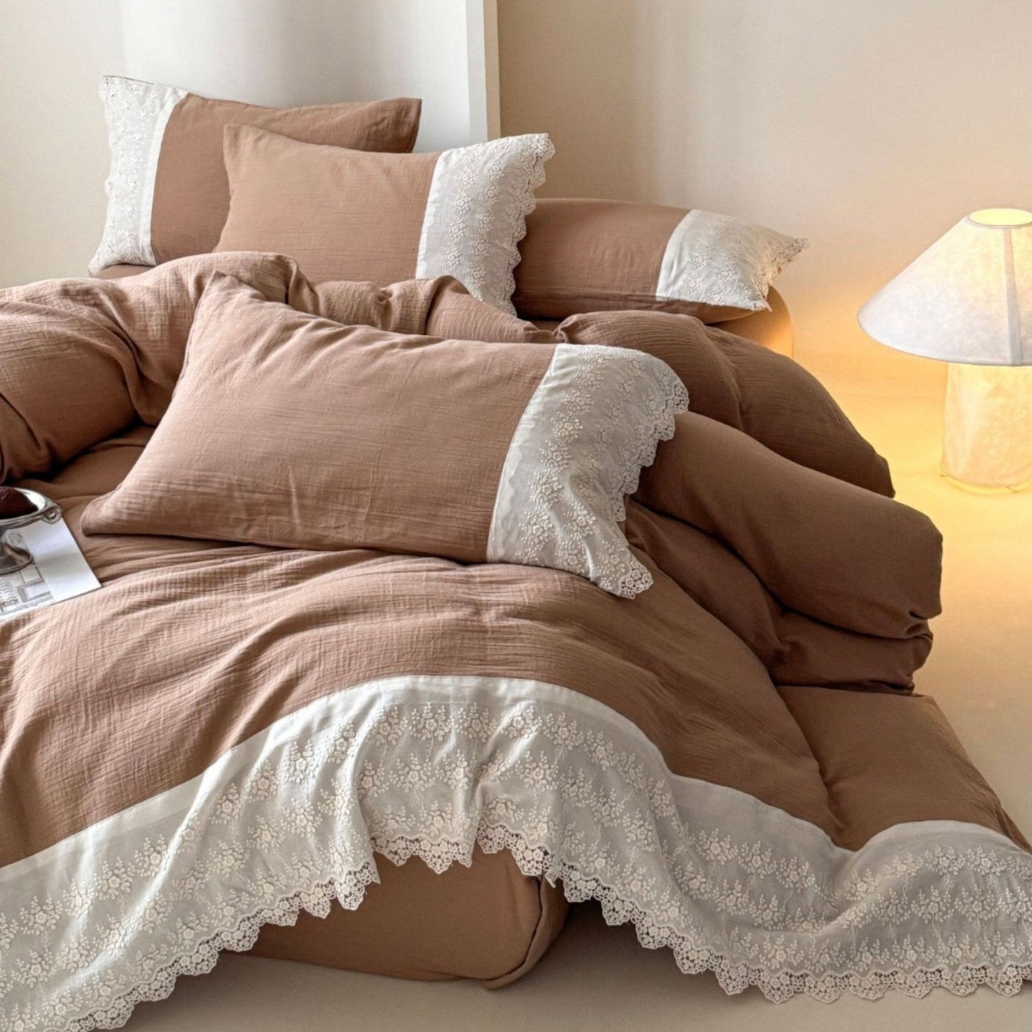 Margaux Lace Double Gauze Bedding Set / Beige Brown