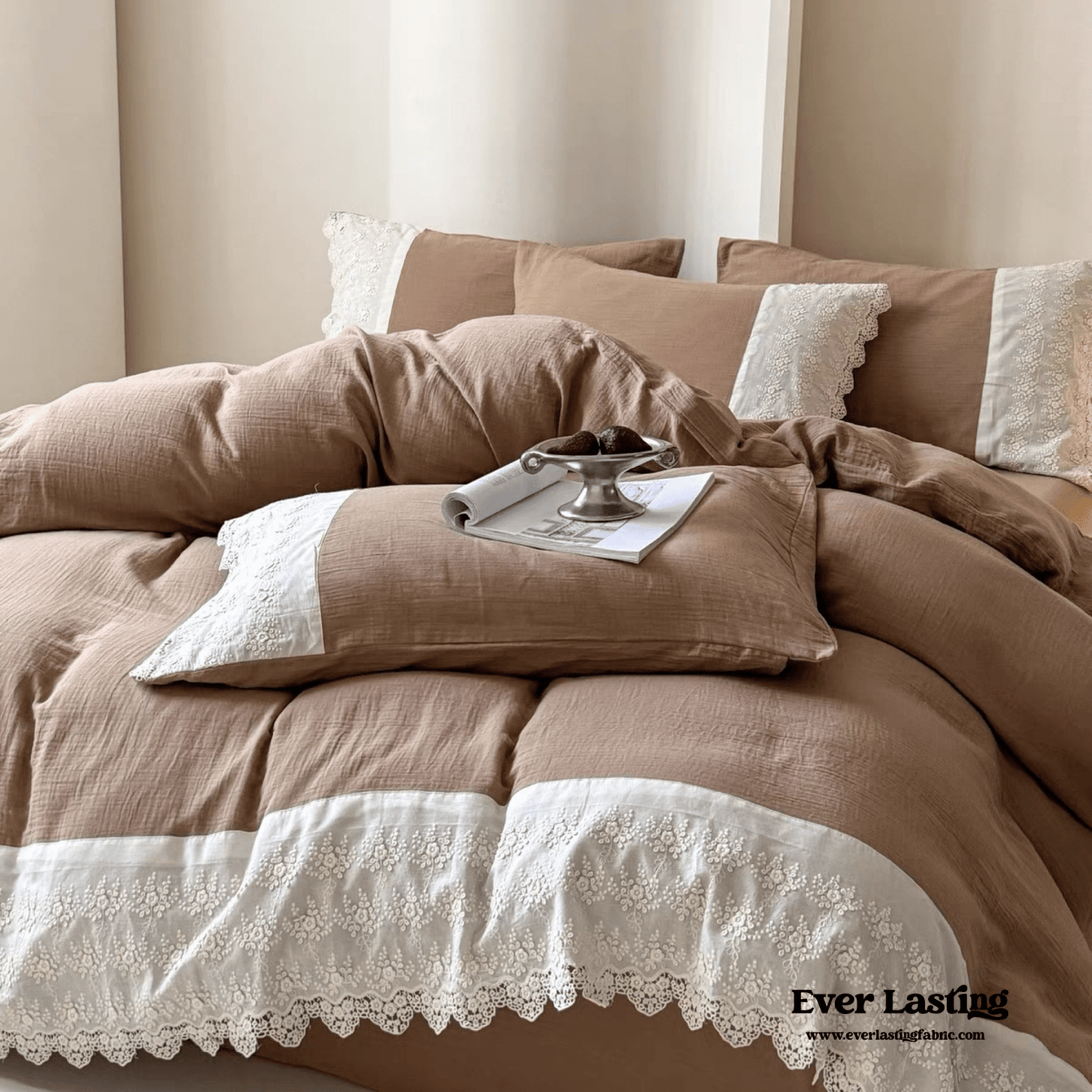 Margaux Lace Double Gauze Bedding Set / Beige Brown