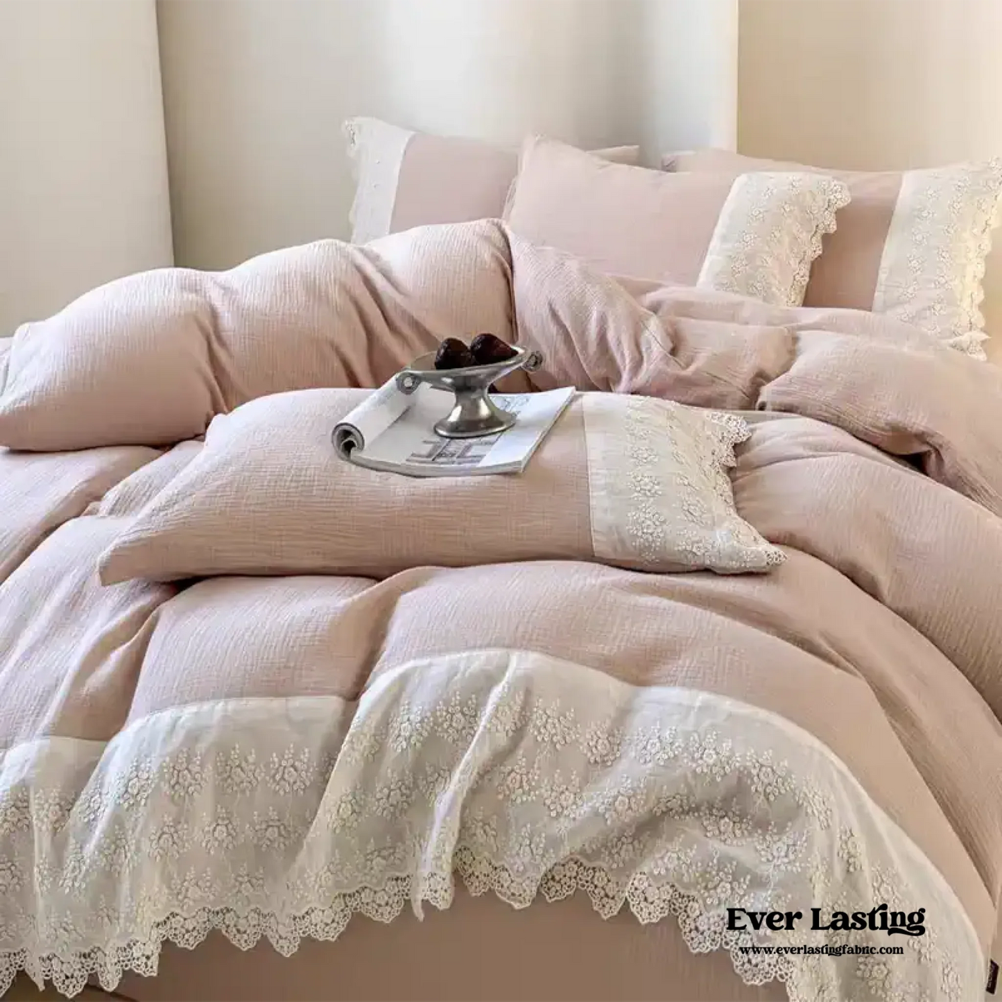 Margaux Lace Double Gauze Bedding Set / Chocolate Brown