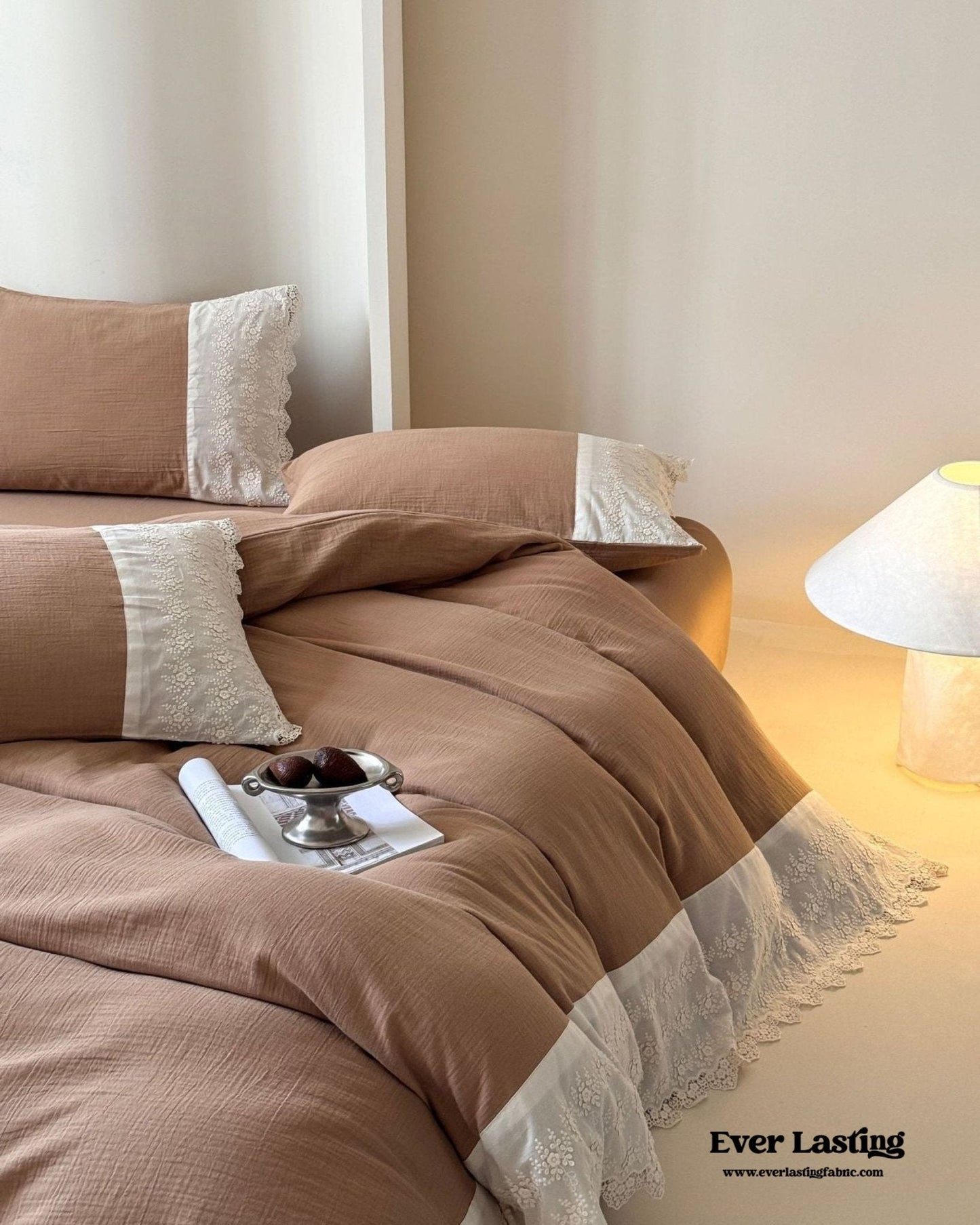 Margaux Lace Double Gauze Bedding Set / Chocolate Brown