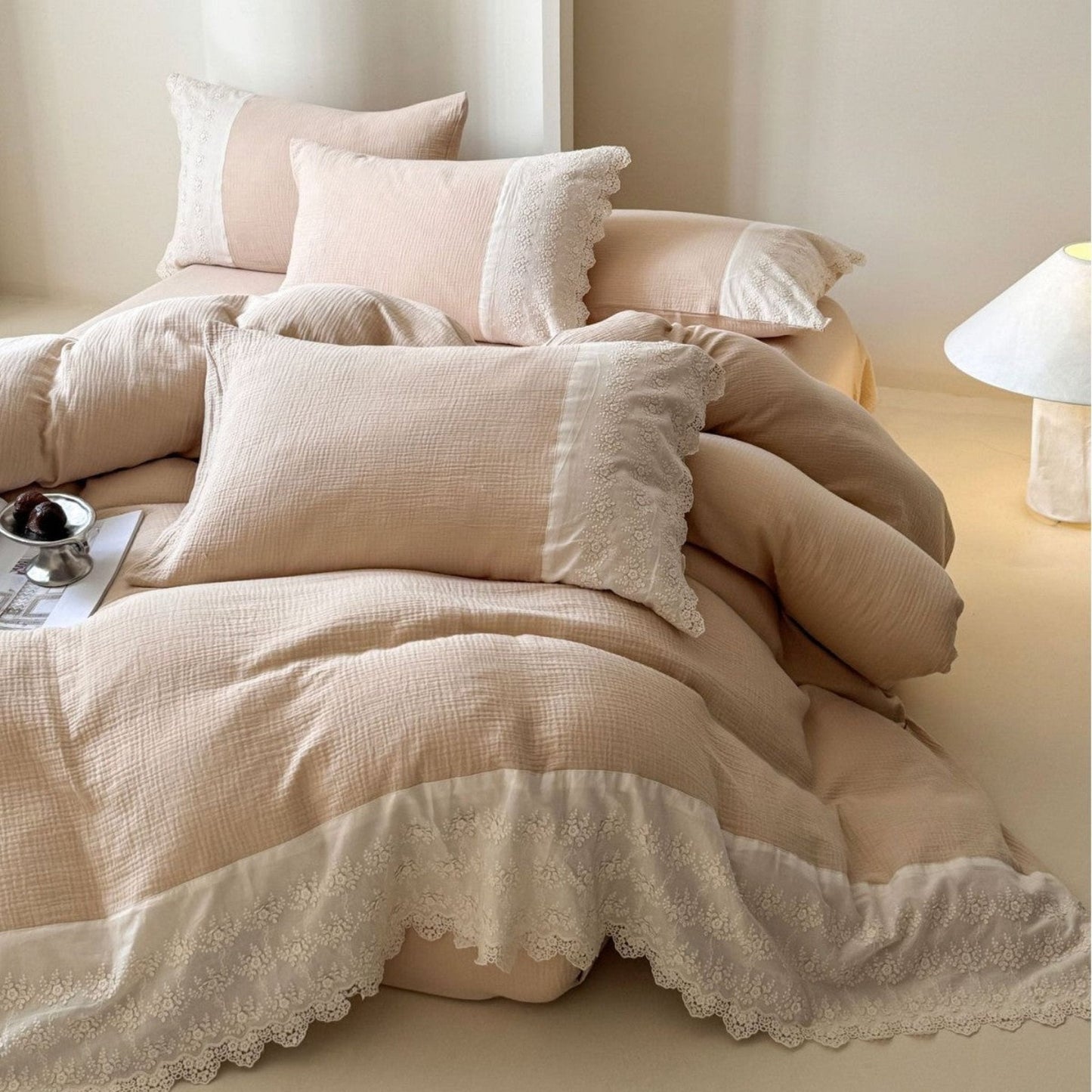 Margaux Lace Double Gauze Bedding Set / Chocolate Brown