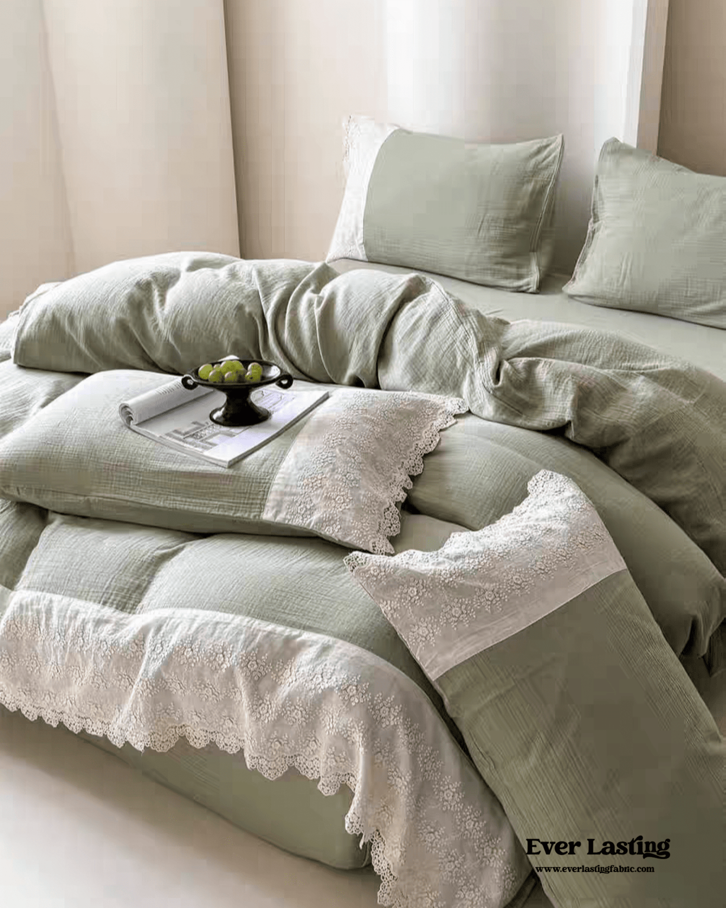 Margaux Lace Double Gauze Bedding Set / Sage Green