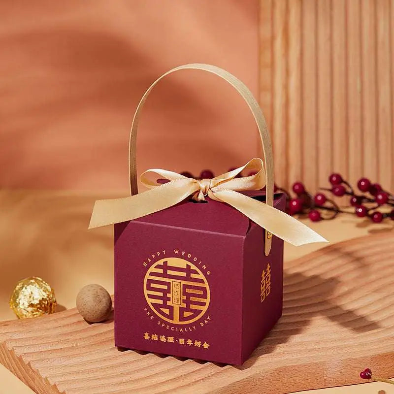 Maroon Minimalist Wedding Candy Gift Box with Gold Handle