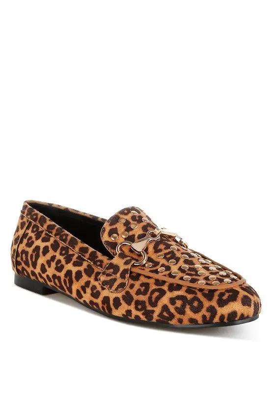 Shoes Rag Company Meopa Horsebit Studs Leopard Print Loafers for Women - Elegant Footwear