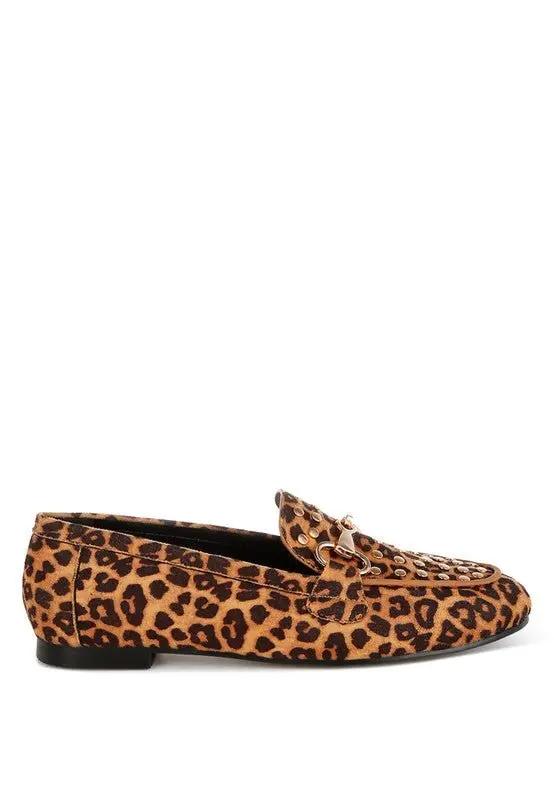 Shoes Rag Company Meopa Horsebit Studs Leopard Print Loafers for Women - Elegant Footwear
