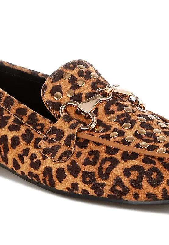 Shoes Rag Company Meopa Horsebit Studs Leopard Print Loafers for Women - Elegant Footwear