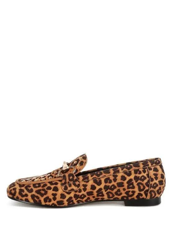 Shoes Rag Company Meopa Horsebit Studs Leopard Print Loafers for Women - Elegant Footwear
