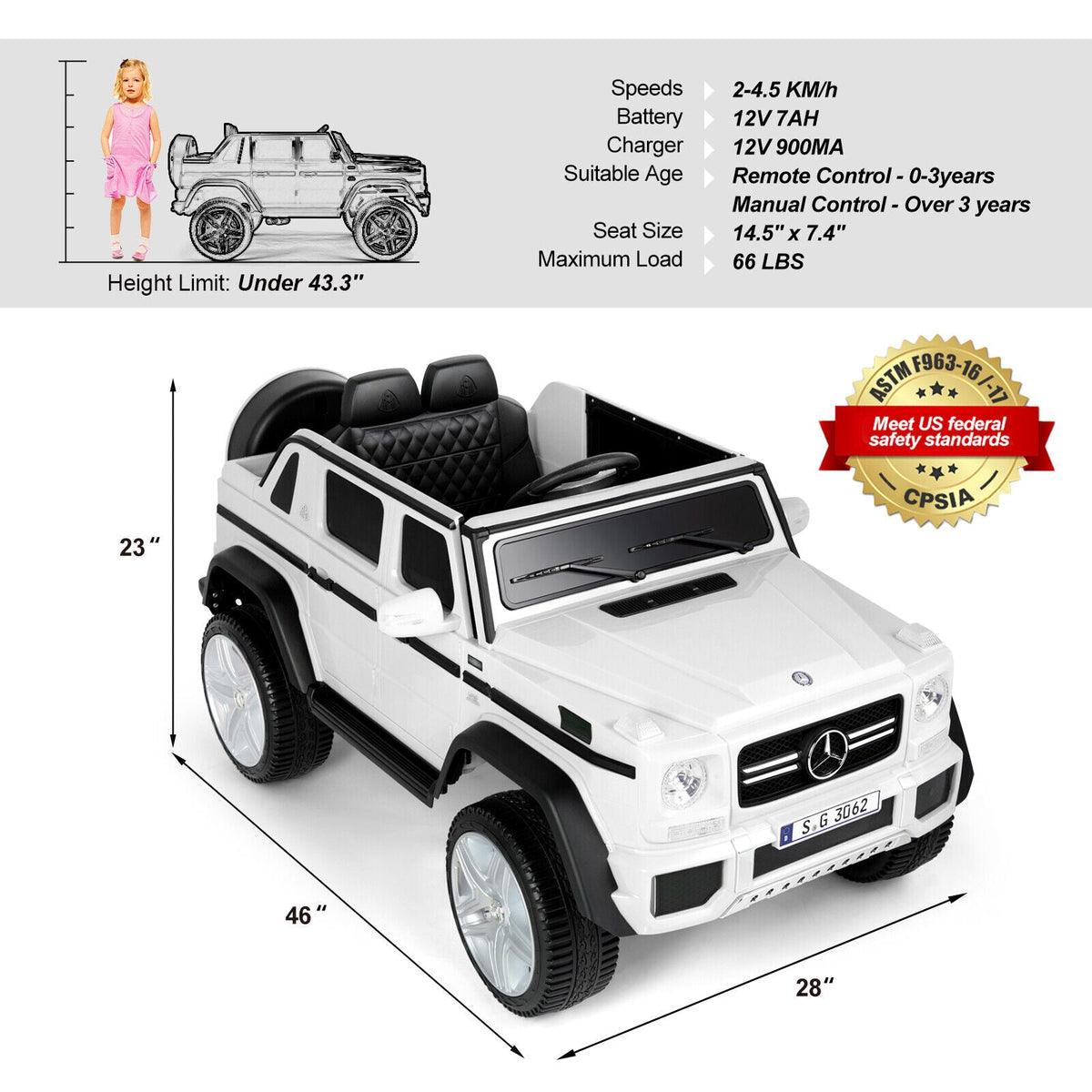 Mercedes-Benz 12V Kids Ride On Car with Music, LED Lights, Bluetooth, and Remote Control