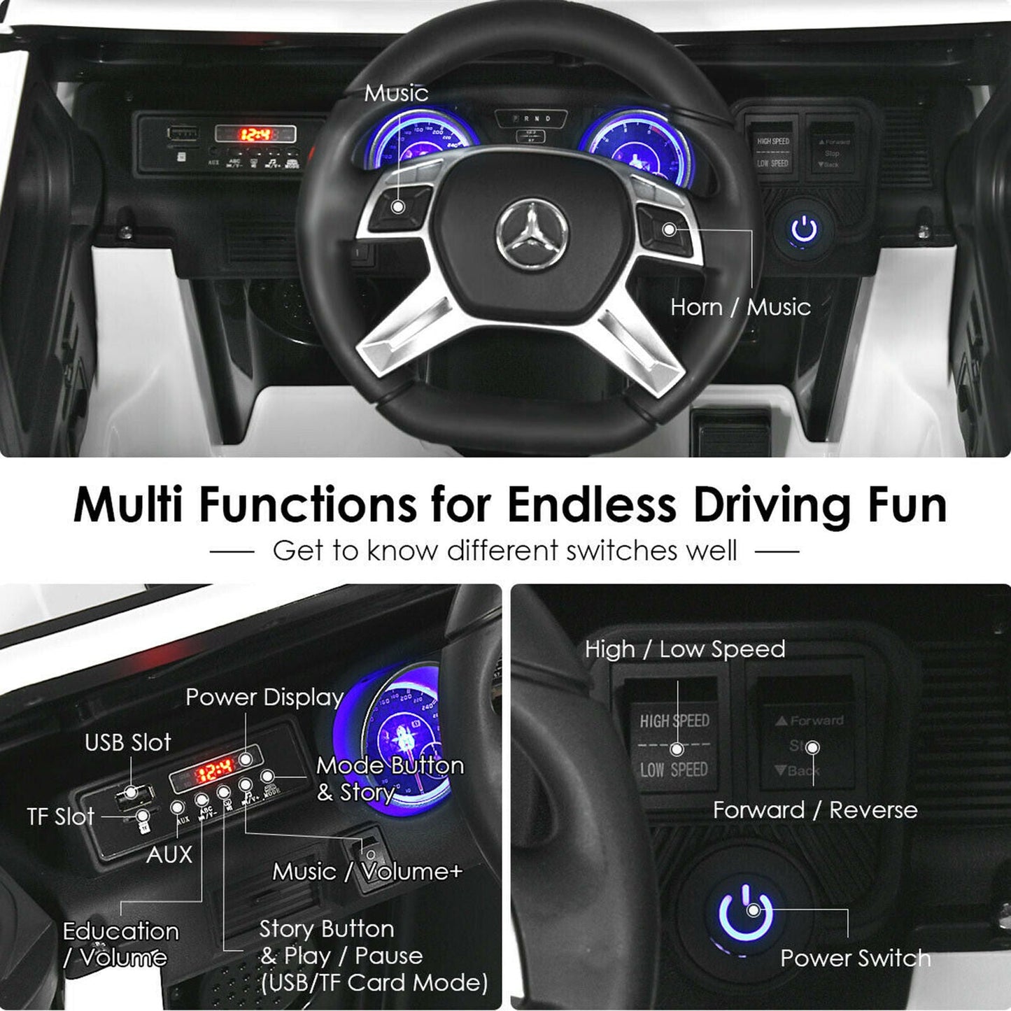 Mercedes-Benz Kids Ride On Car with RC Control and Trunk - 12V White