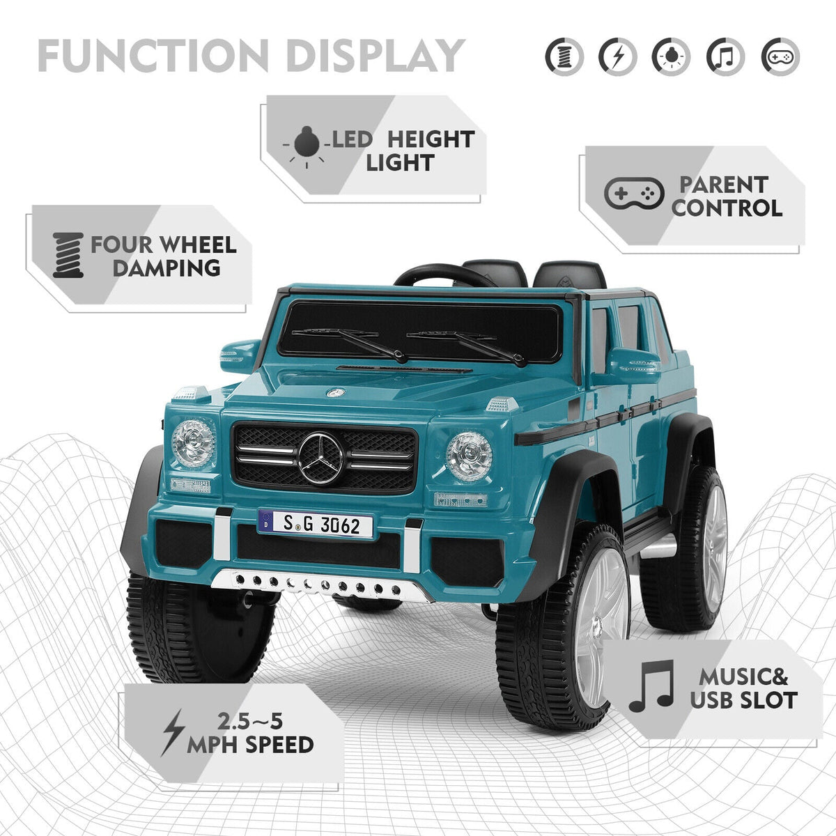 Mercedes-Benz Toy Truck Ride-On Car for Kids with LED Lights, Music, and Remote Control - 12V Blue Battery Powered