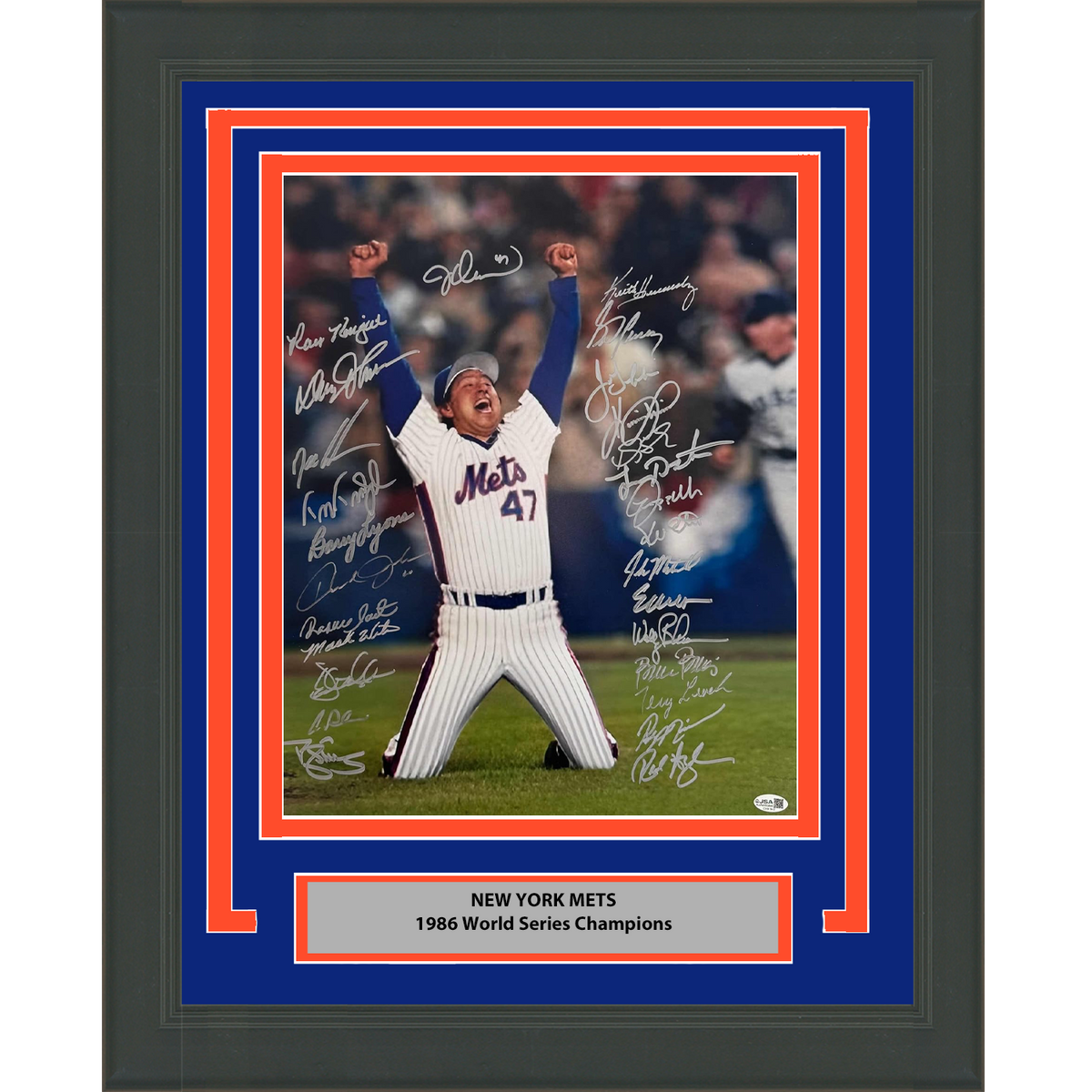 Framed Autographed/Signed 1986 New York Mets Team 26x Sigs World Series Champions 16x20 Baseball Photo JSA COA