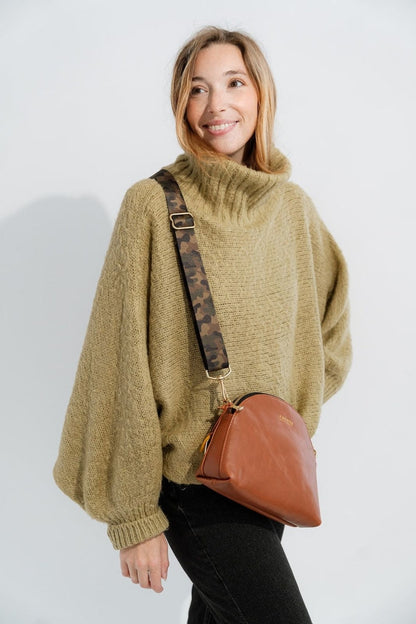Hopper | Riveter Tan Leather Crossbody Bag with Camo Webbed Strap