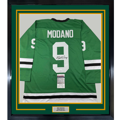 Framed Autographed/Signed Mike Modano 35x39 Dallas Green Retro Hockey Jersey Beckett BAS COA