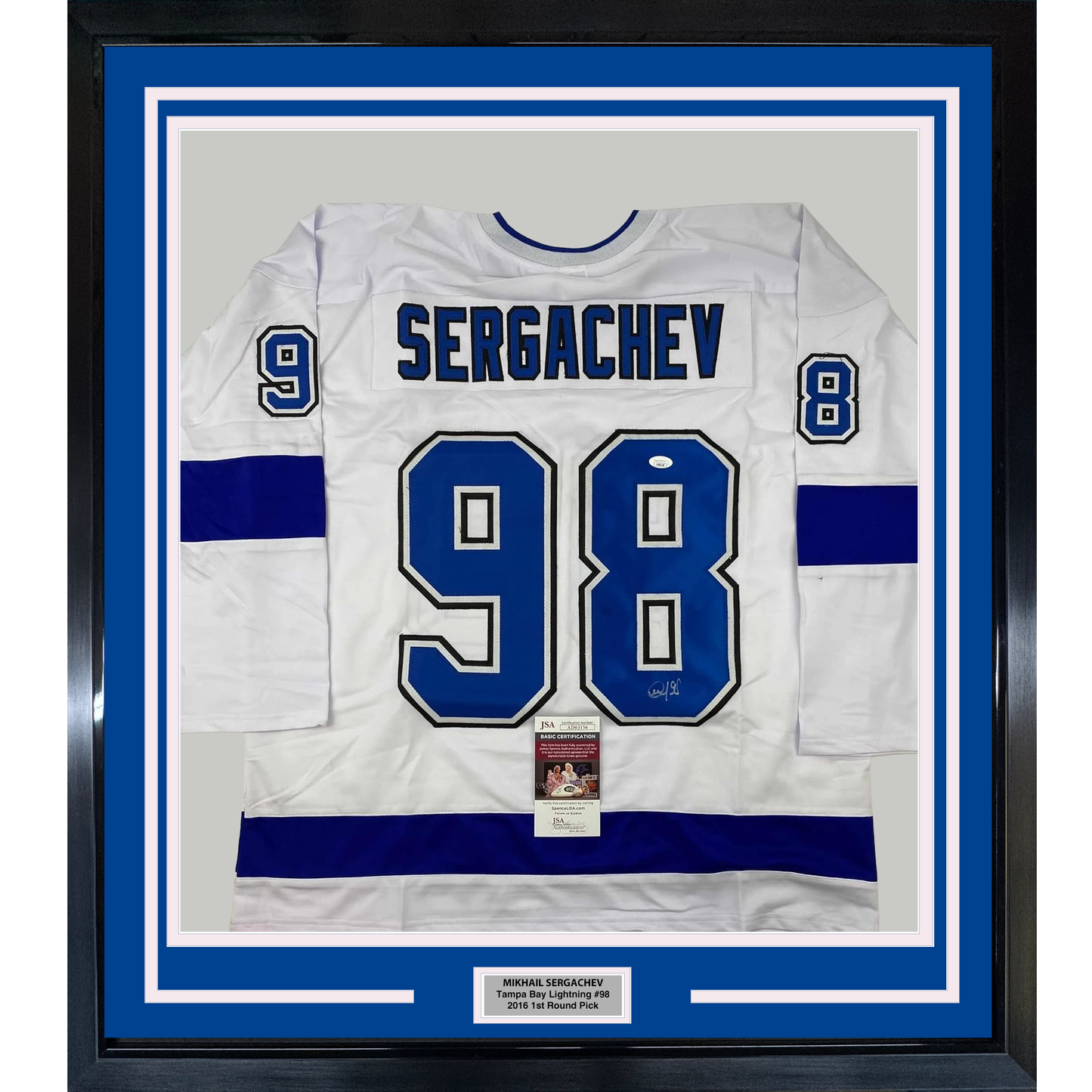 Framed Autographed/Signed Mikhail Sergachev 35x39 Tampa Bay White Hockey Jersey JSA COA