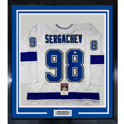 Framed Autographed/Signed Mikhail Sergachev 35x39 Tampa Bay White Hockey Jersey JSA COA