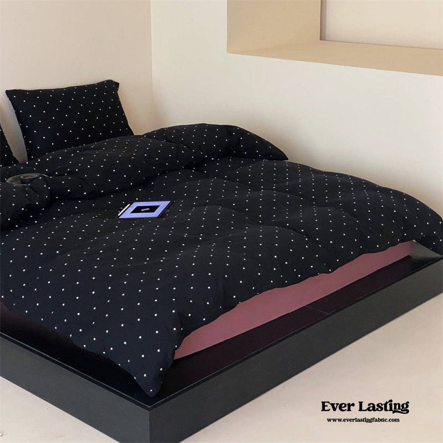 Mini Polka Dot Jersey Knit Bedding Set / Black + Pink