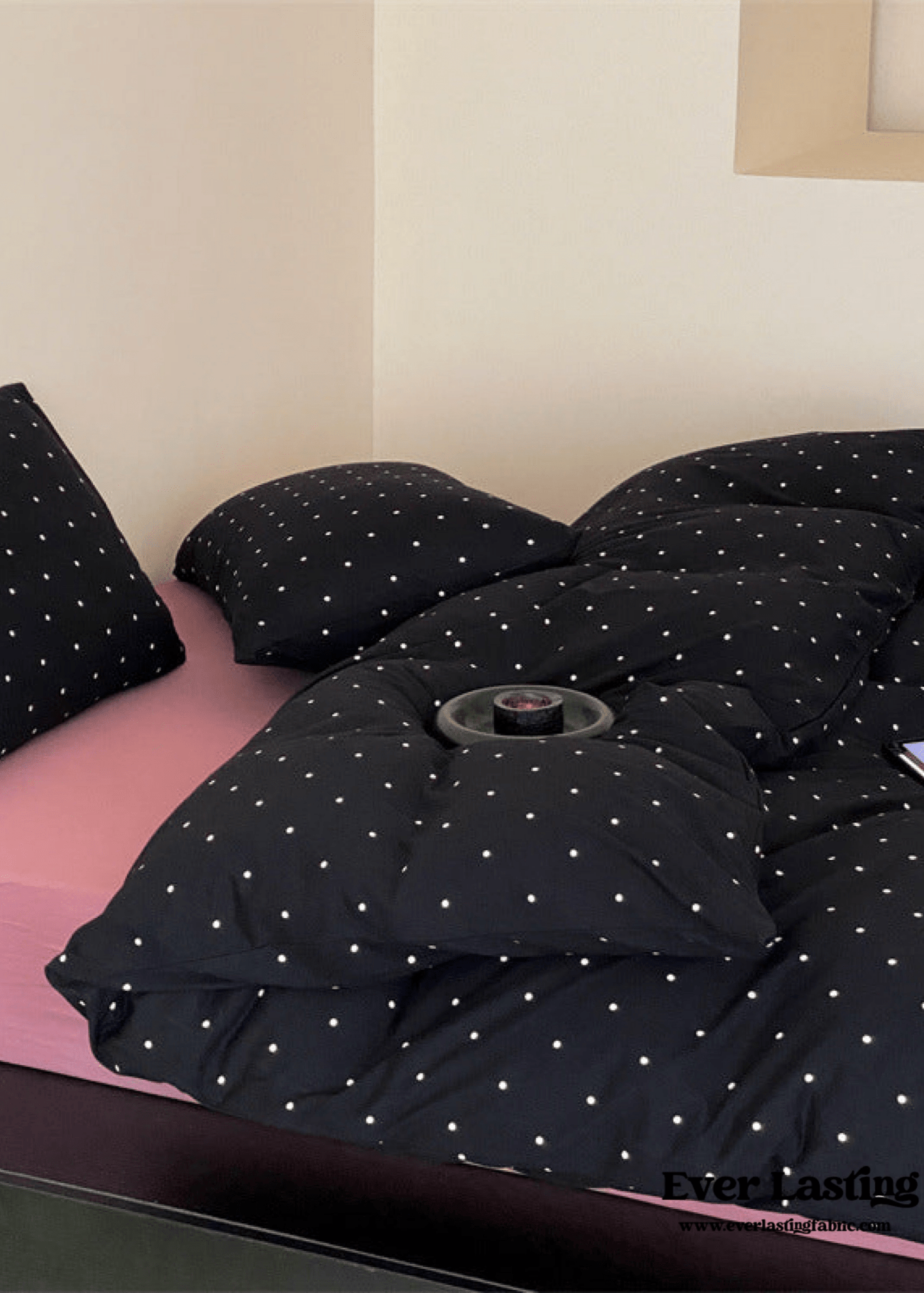 Mini Polka Dot Jersey Knit Bedding Set / Black + Pink