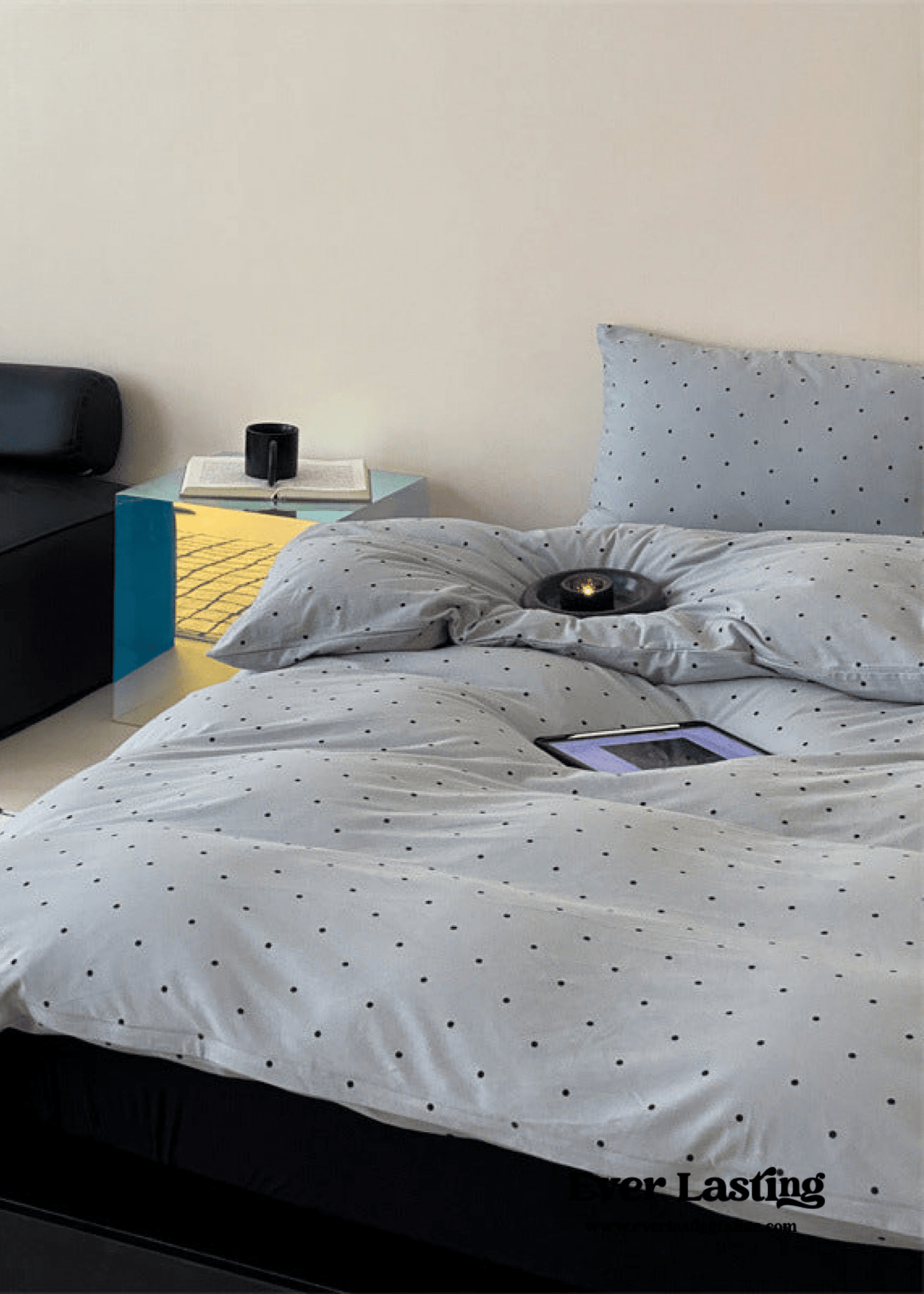 Mini Polka Dot Jersey Knit Bedding Set / Blue + Black