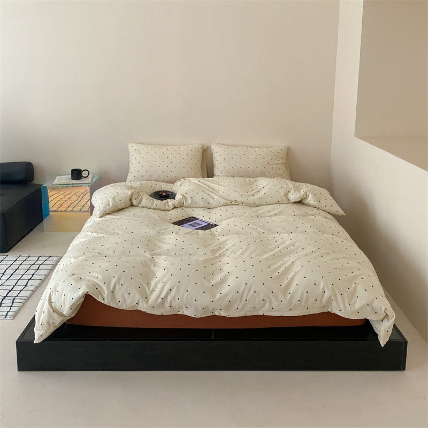 Mini Polka Dot Jersey Knit Bedding Set / Blue + Black