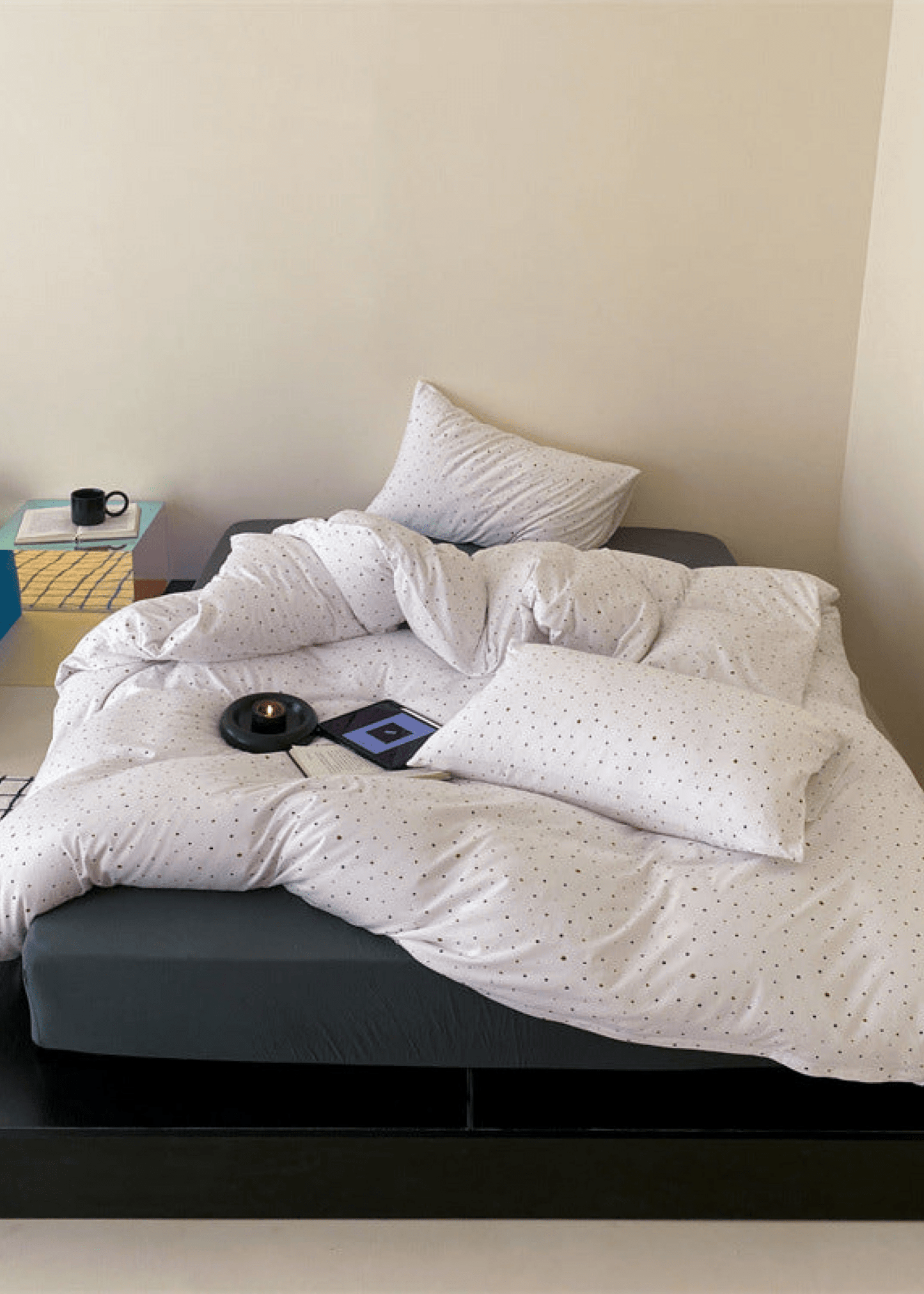 Mini Polka Dot Jersey Knit Bedding Set / Blue + Black