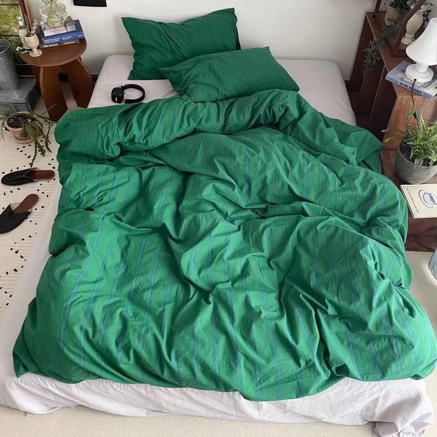 Minimal Vintage Stripe Bedding Set / Forest Green