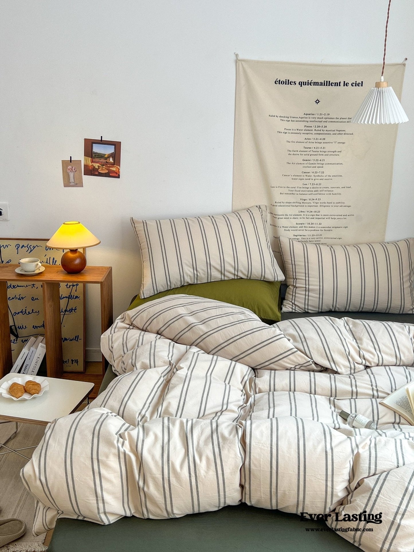 Minimal Vintage Stripe Bedding Set / Forest Green