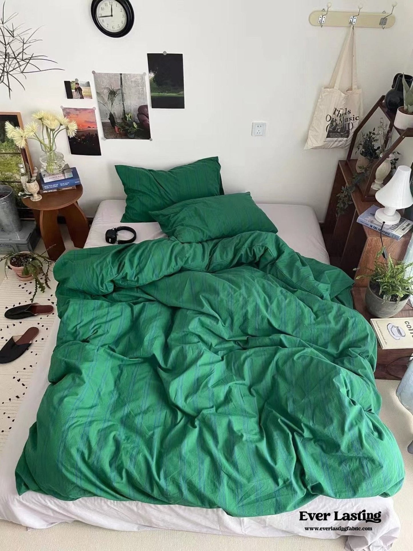 Minimal Vintage Stripe Bedding Set / Forest Green
