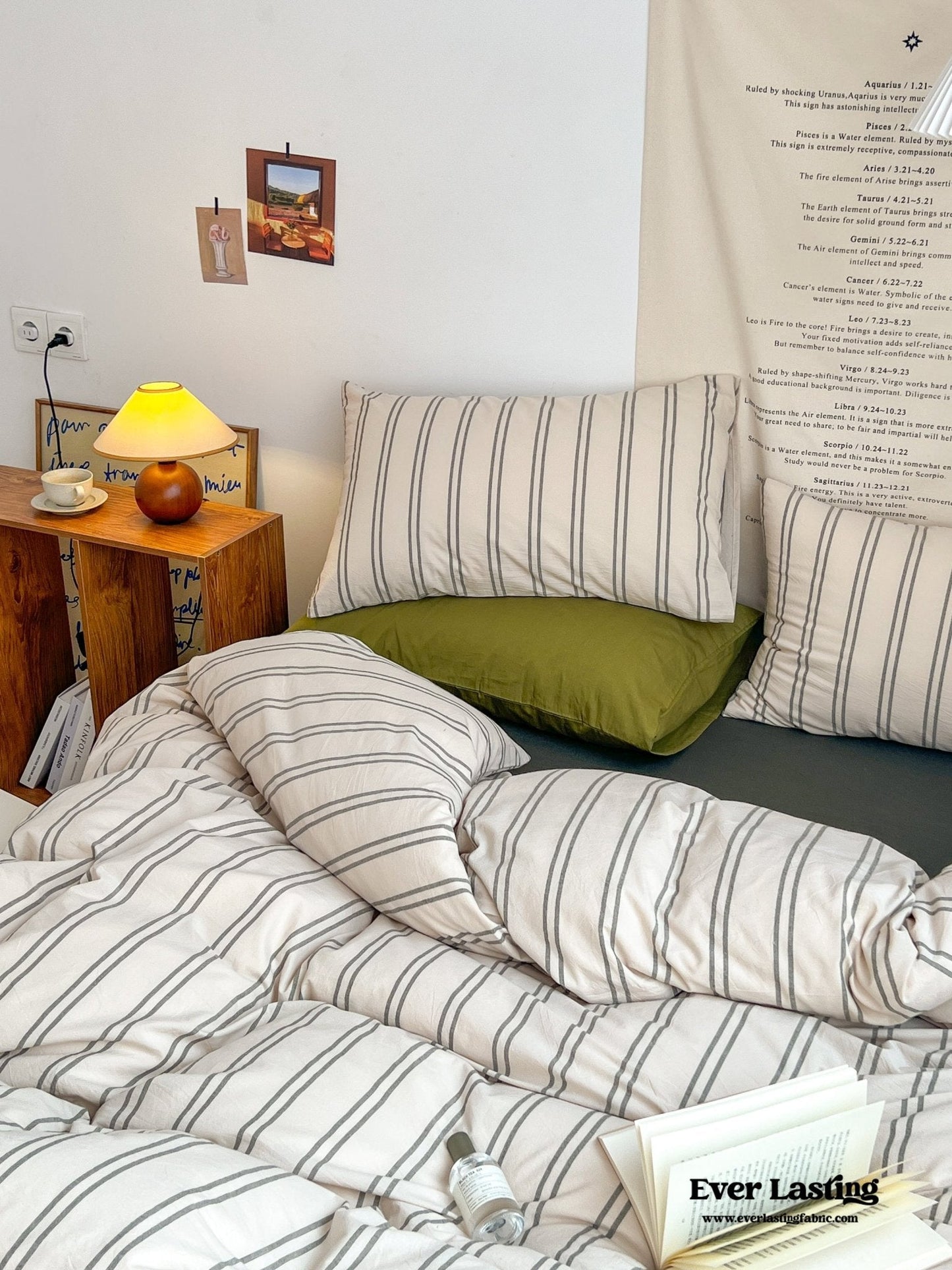 Minimal Vintage Stripe Bedding Set / Forest Green