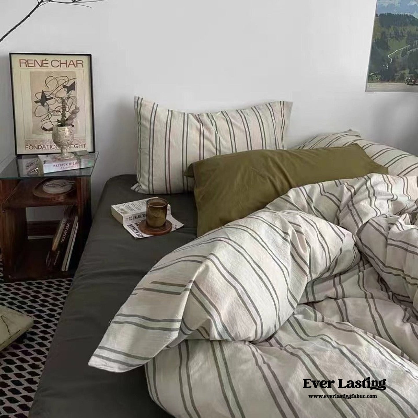 Minimal Vintage Stripe Bedding Set / Olive Green