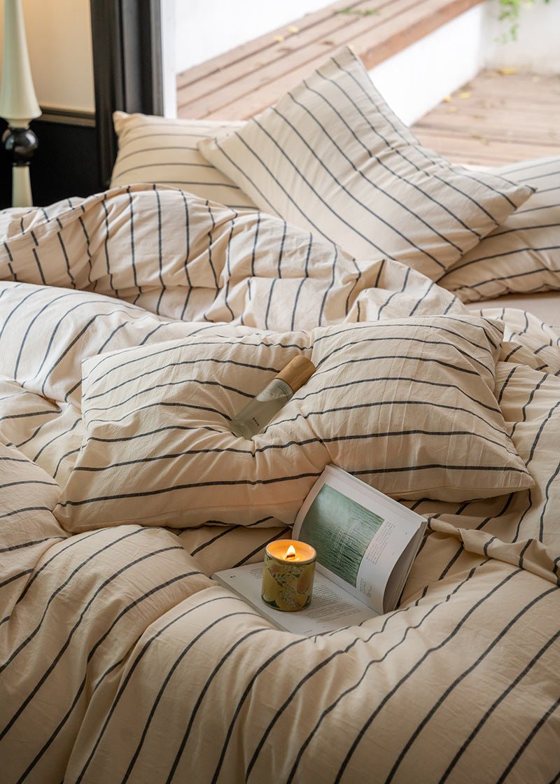 Minimalist Vertical Stripe Bow Ties Bedding Set / Beige Custard
