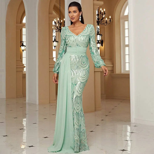 Mint Green Long Sleeve Sexy Sequined Evening Dress