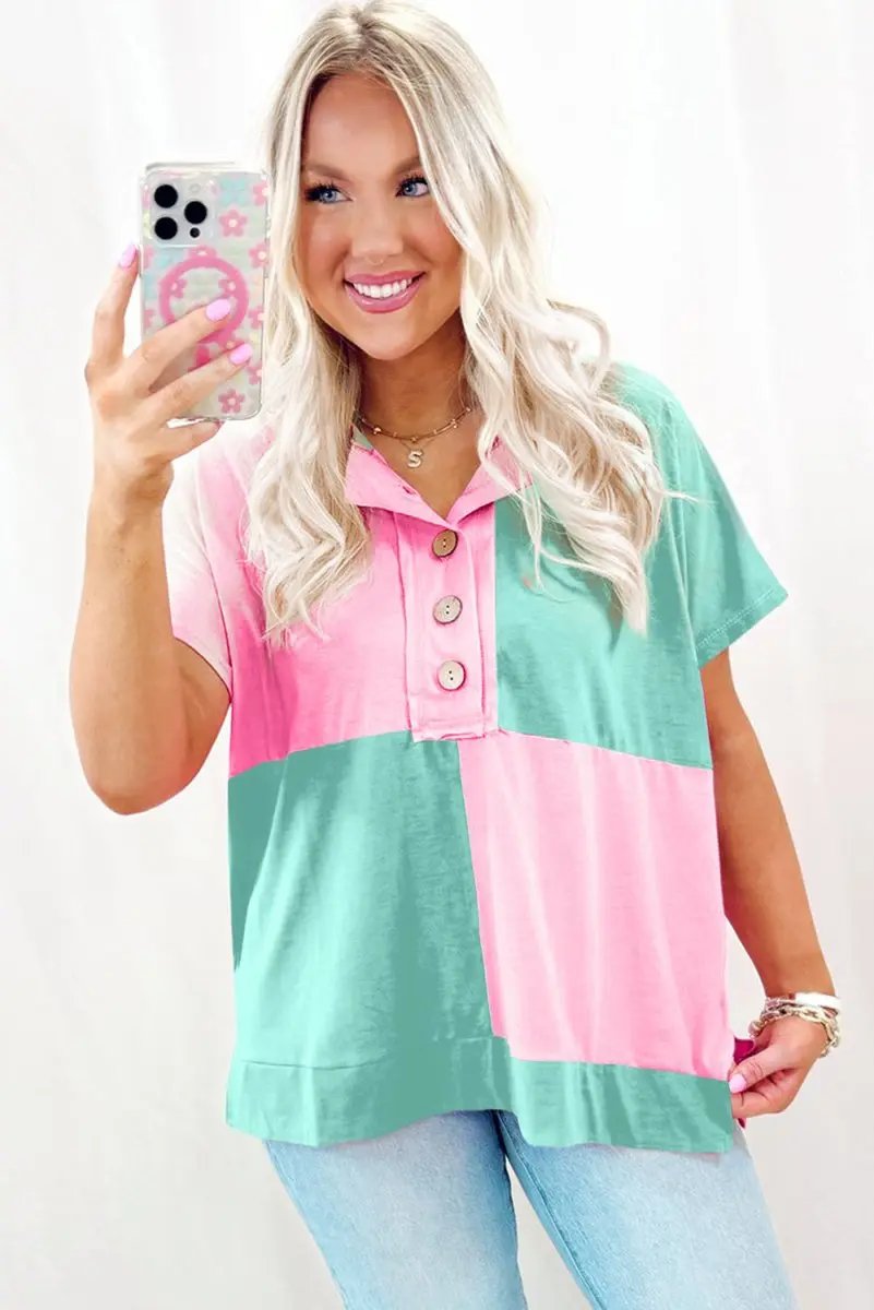 Accessories Love Salve Mint Green Tee Women's Daily Wear Collared Half Button Casual Top