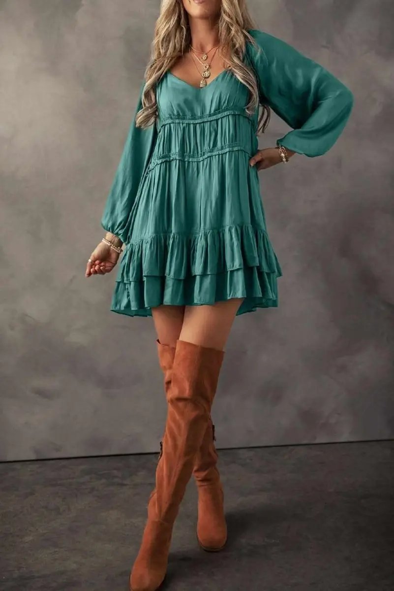 Dresses Love Salve Green Mini Dress Women's Daily Wear Ruffle Tiered A-Line Dress - Chic & Flirty