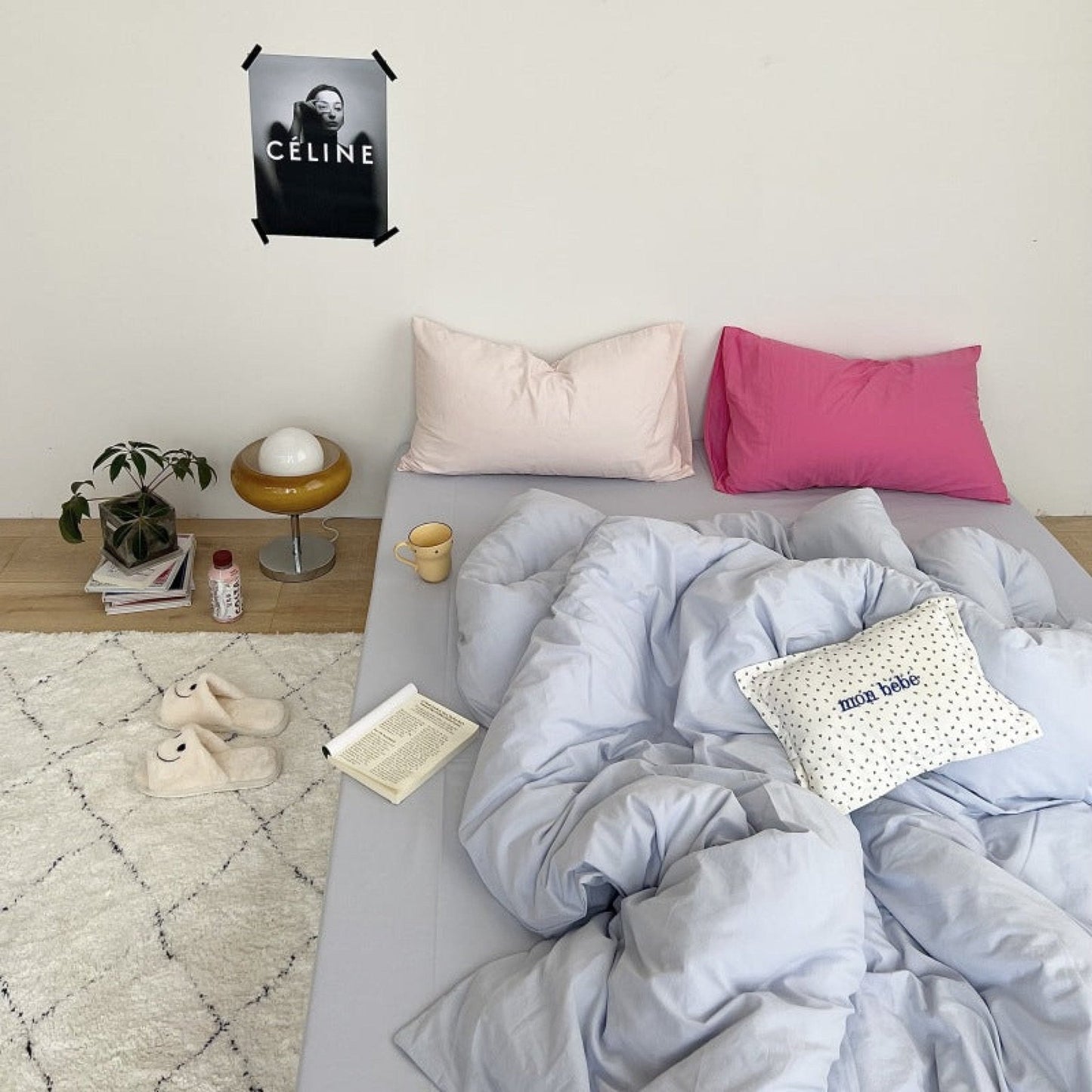 Mixed Color Washed Cotton Bedding Set / Baby Pink + White