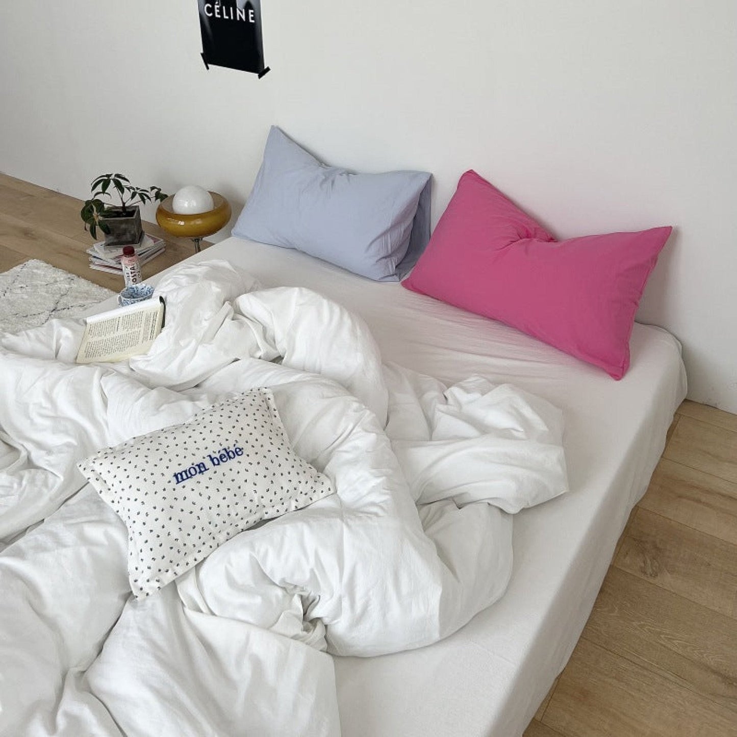 Mixed Color Washed Cotton Bedding Set / Baby Pink + White