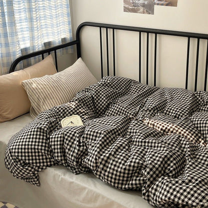 Mixed Gingham Striped Bedding Set / Black